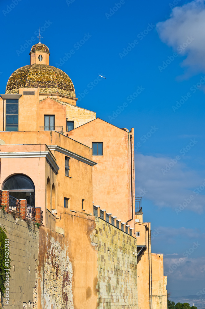 View of city walls and Santa Maria Cathedral at Castello downtown area, Cagliari, Sardinia, Italy