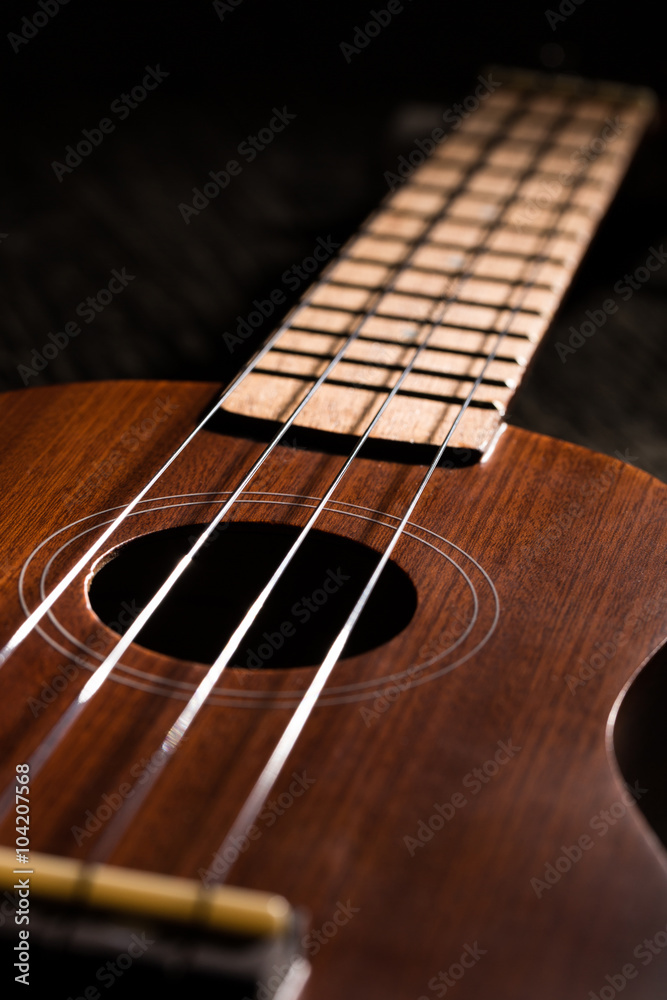 Fototapeta Close up of ukulele on wooden background.