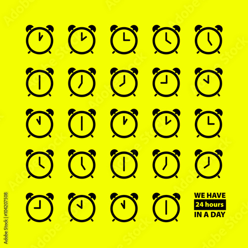 Alarm clocks  with arrows / Alarm clocks showing time on a yellow background


