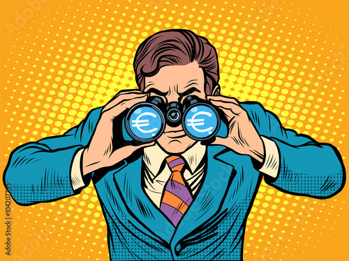 Financial monitoring of currency Euro businessman binoculars