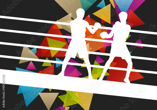 Boxing young and active men in abstract vector sport concept bac