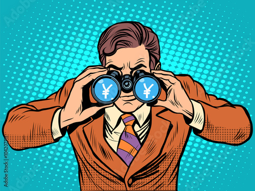 Financial monitoring of currency yen businessman binoculars