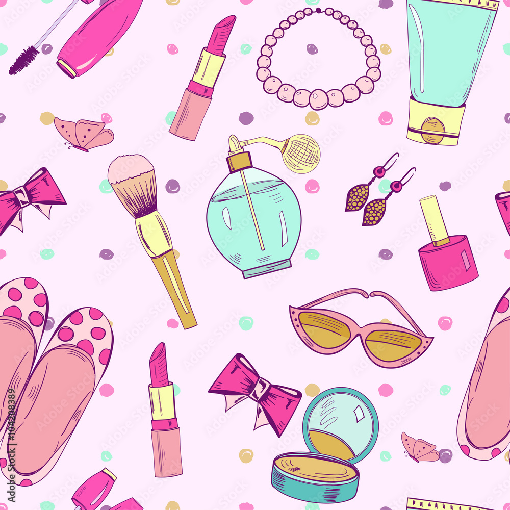 Cute seamless pattern with feminine accessories.