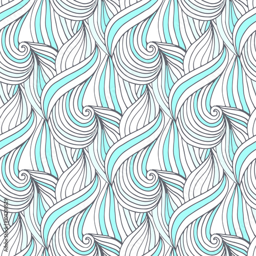 Abstract blue waves vector seamless pattern. Doodle repeating background. For textile or packaging design.