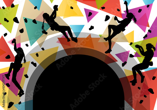 Children girl silhouettes on climbing wall in active and healthy