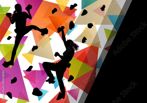 Children girl silhouettes on climbing wall in active and healthy
