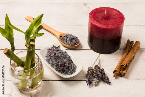 White Wooden Background Spa lavender flower and bamboo