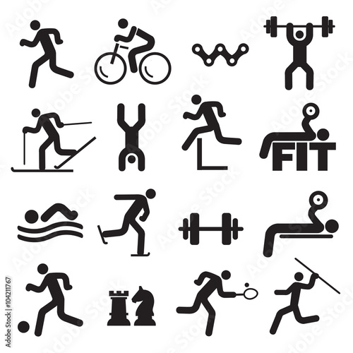 Sport fitness icons. Black Icons with sport, fitness and healthy lifestyle activities. Vector available. 