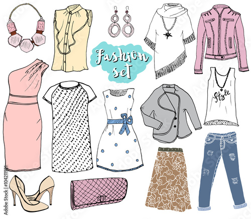 Fashion collection Doodles set. Hand Drawn Sketch with dress shoes, pants and jacket, handbag and accessories vector Illustration Design Elements isolated on white Background