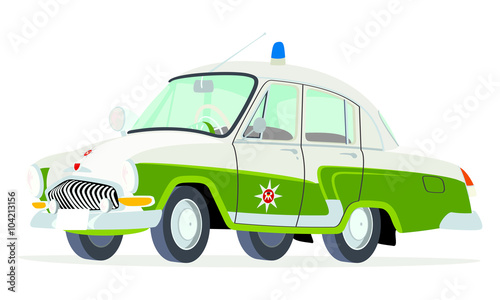 Caricatura GAZ Volga M21 policía Alemania Oriental - Volks Polizei verde y blanco vista frontal y lateral