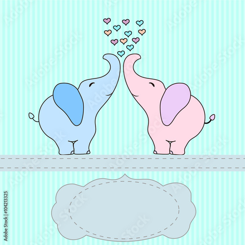 Cute 2 cartoon elephant, vector for baby shower twins or wedding, invitation card. 