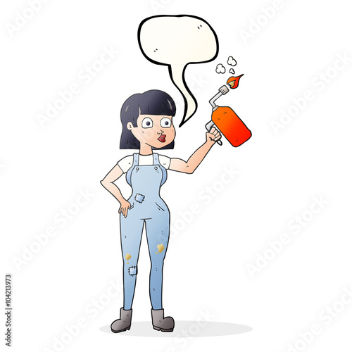 speech bubble cartoon woman in dungarees