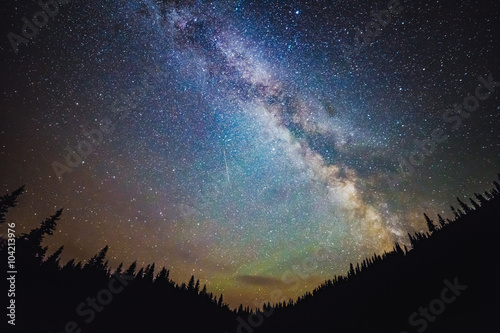 Milky Way galaxy rises over the forest in summer time