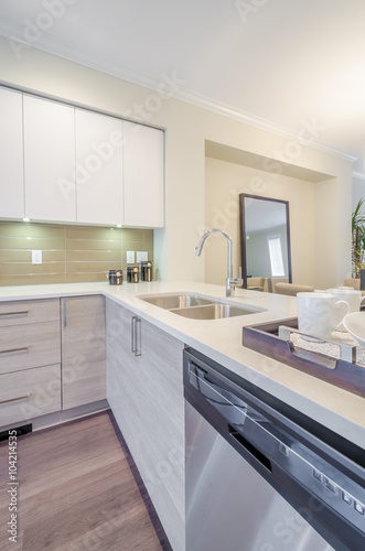 Modern, bright, clean, kitchen interior with stainless steel appliances in a luxury house