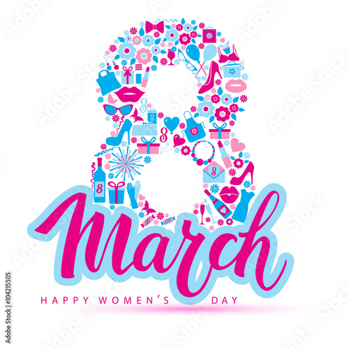 8 March vector card of icons.