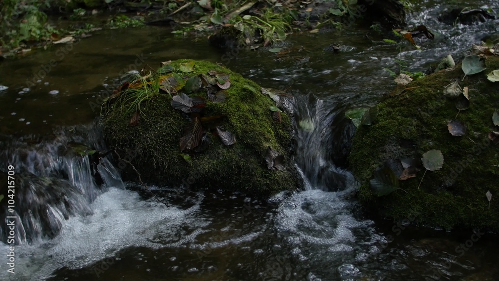 through overgrown with moss rocks flowing river through overgrown with moss rocks flowing river