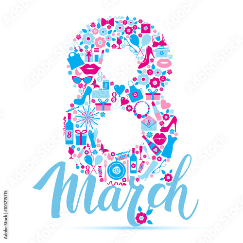 8 March vector card of icons.
