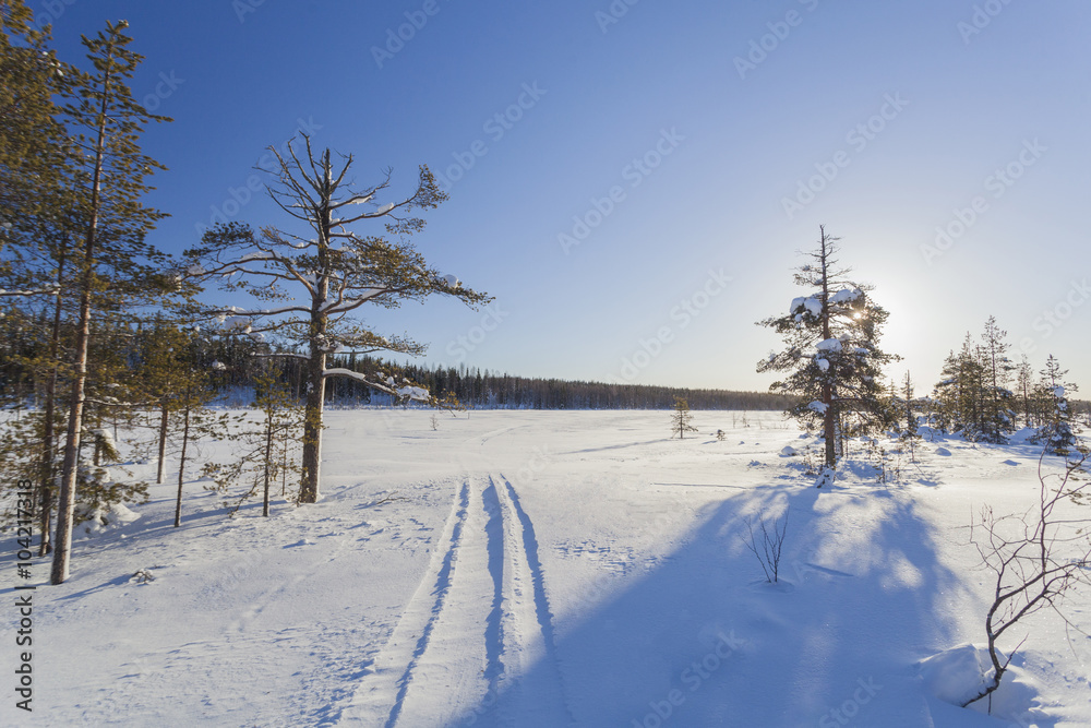 Winter landscape on a sunset. Mountains, Finland. Winter landscape on a sunset. Mountains, Finland.