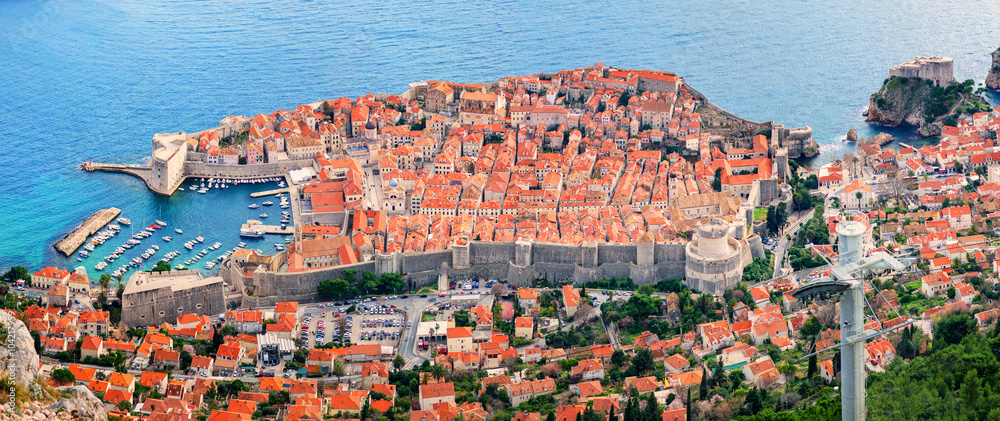 View from above and distance of Dubrovnik old city and surrounding sea and islands