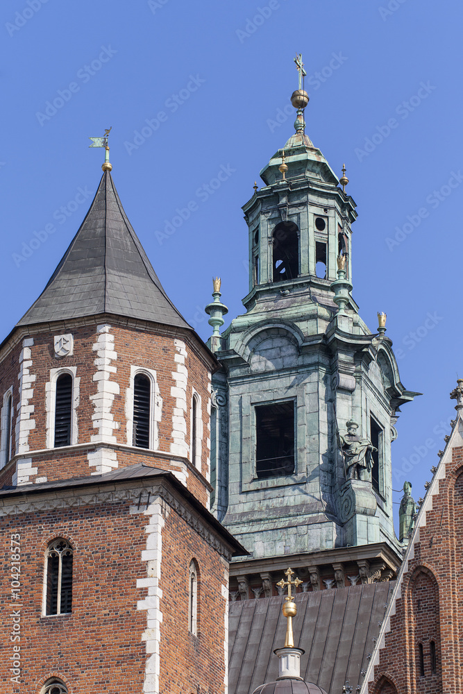 Wawel Royal Castle with Silver Bell Tower and Clock Tower, Cracow, Poland.