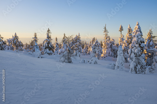 Winter landscape on a sunset. Mountains, Finland.