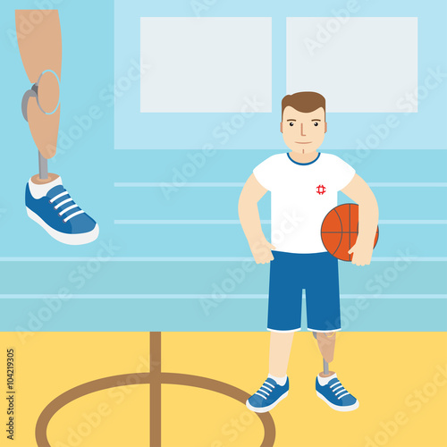 A man with a prosthetic leg, holding a basketball.Vector illustr