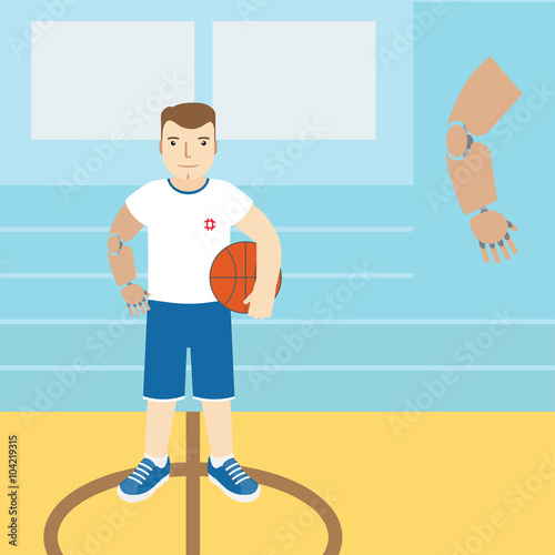 Man with prosthetic arm, holding a basketball.Vector illustratio