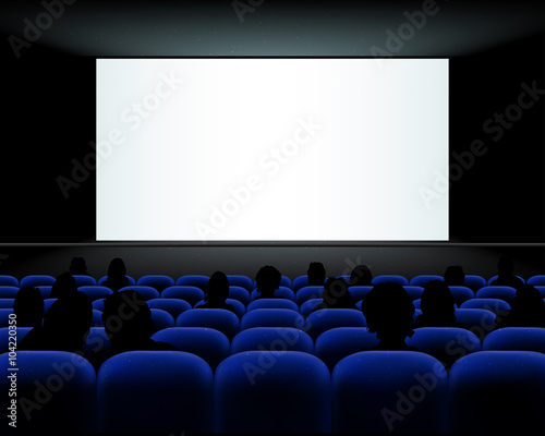 Cinema auditorium with seats, peoples and blank screen