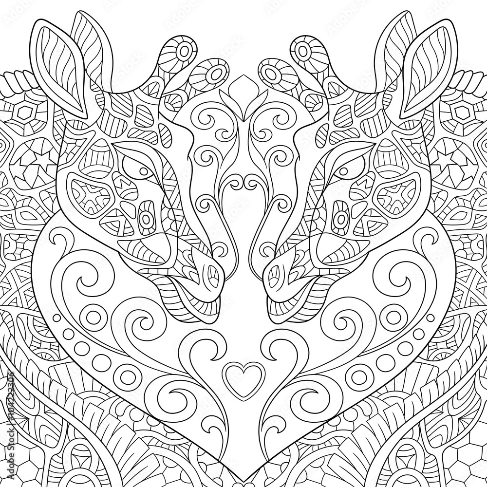 Obraz premium Zentangle stylized two cartoon lovely giraffes with a heart. Sketch for adult antistress coloring page. Hand drawn doodle, zentangle, floral design elements for coloring book.