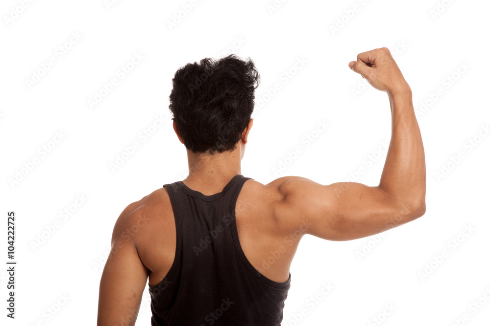 Back of muscular Asian man flexing biceps Back of muscular Asian man flexing biceps