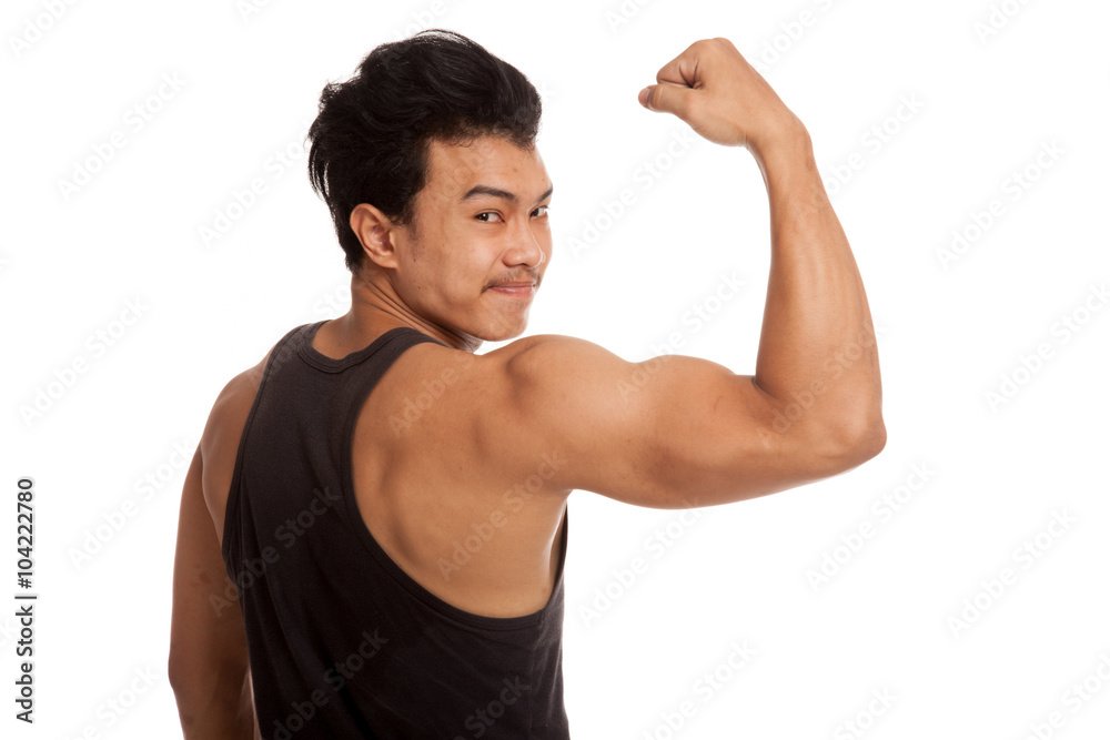 Back of muscular Asian man flexing biceps Back of muscular Asian man flexing biceps