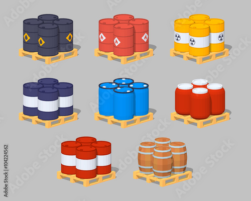 Set of the metal, plastic and wooden barrels on the pallets. 3D lowpoly isometric vector illustration. The set of objects isolated against the grey background