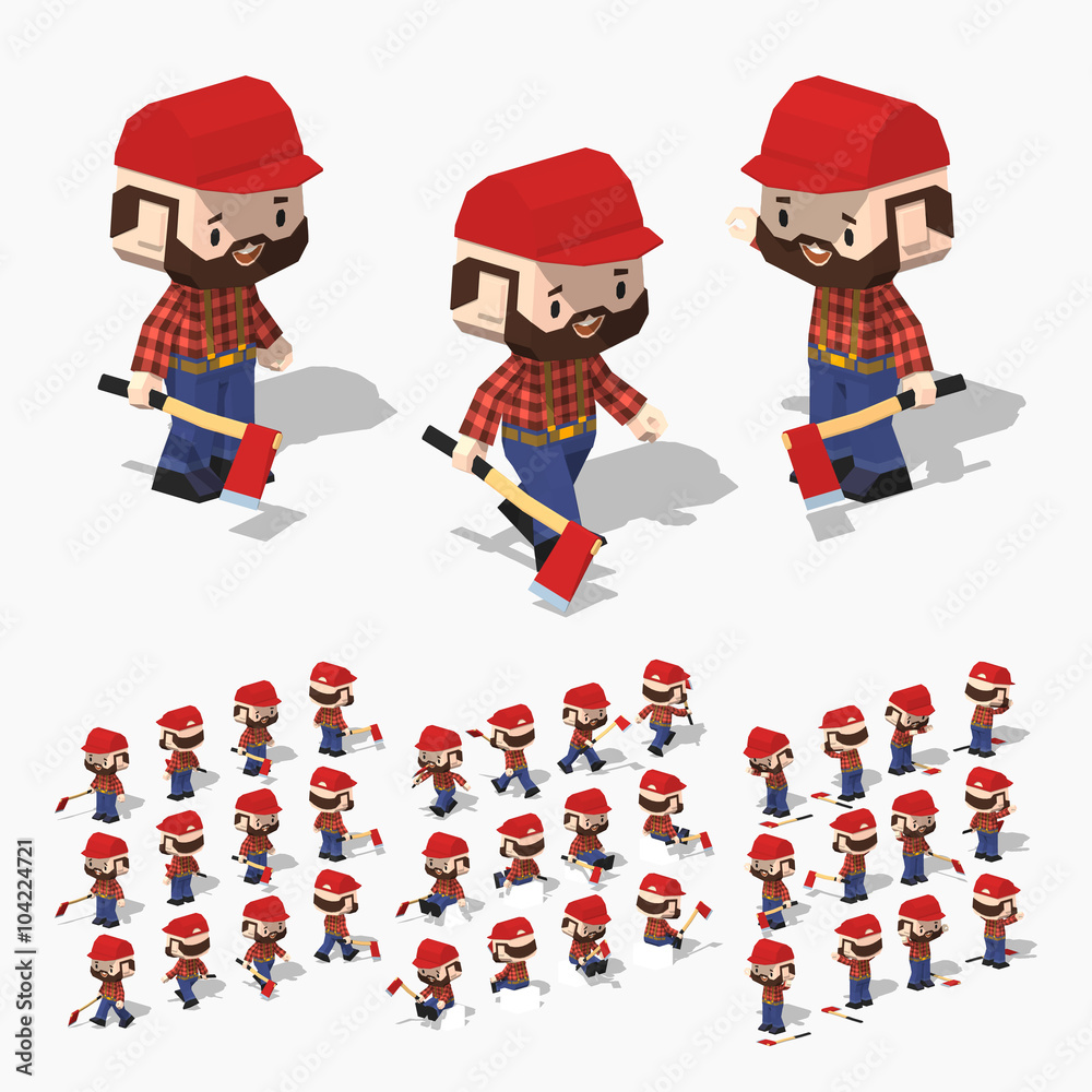 Low poly lumberjack with white skin, brown hair, mustache and beard. In the red shirt, blue jeans and black boots. 3D lowpoly isometric vector illustration. The set of objects isolated against the