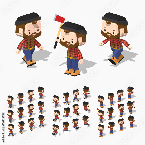 Low poly lumberjack with white skin, brown hair, mustache and beard. In the red shirt, blue jeans and orange boots. 3D lowpoly isometric vector illustration. The set of objects isolated against the