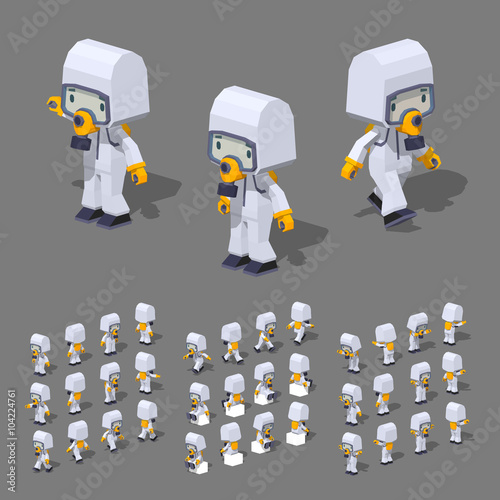 Low poly man in the white protective suit. 3D lowpoly isometric vector illustration. The set of objects isolated against the grey background and shown from different sides