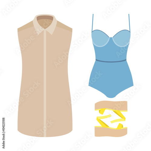 Set of trendy women's clothes. Outfit of woman solid swimsuit, dress and accessories. Women's wardrobe. Vector illustration