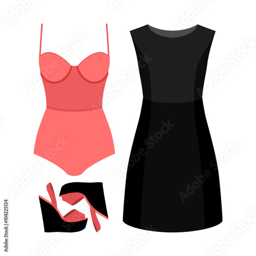 Set of trendy women's clothes. Outfit of woman solid swimsuit, dress and accessories. Women's wardrobe. Vector illustration