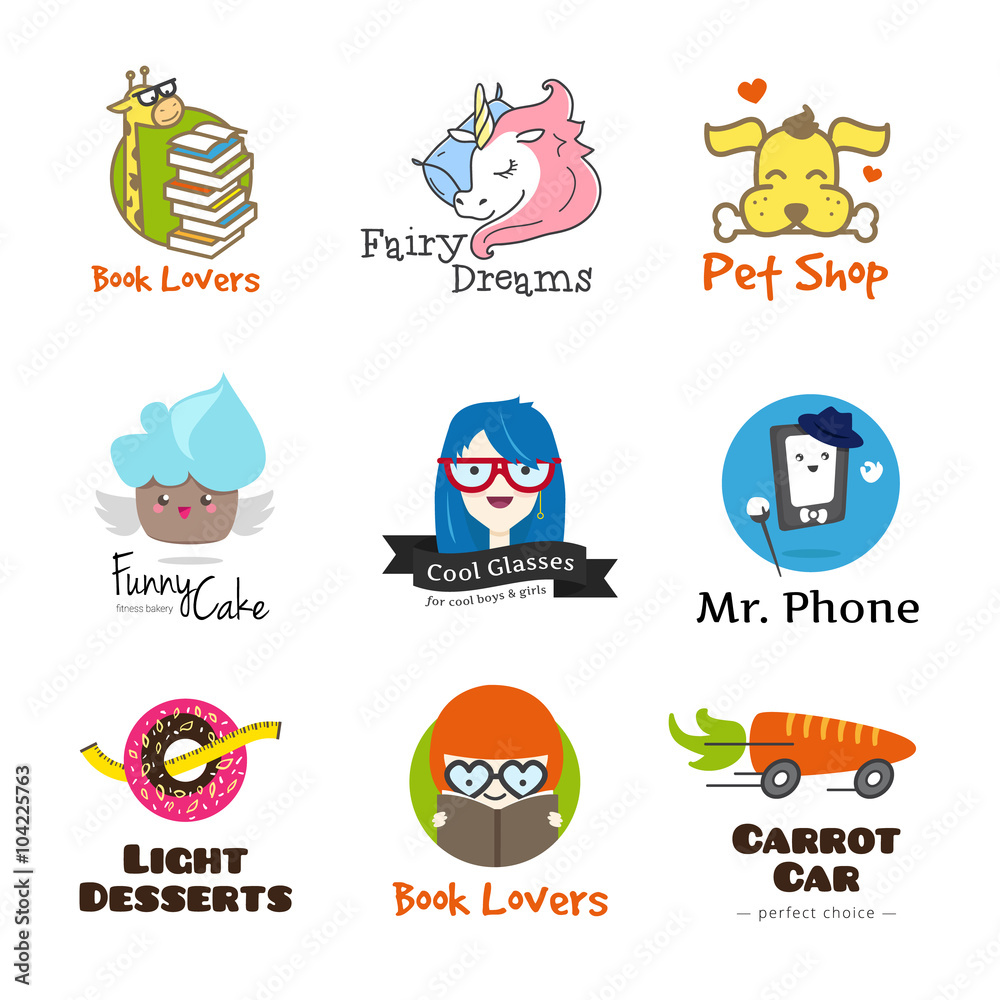 Set of vector bright cartoon style logos. 