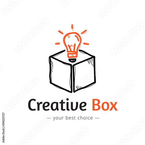 Vector minimalistic light bulb in a box logo. Sketch style logo