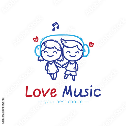 Vector sketch style girl and boy in headphones cartoon characters. Music shop or karaoke bar logo.