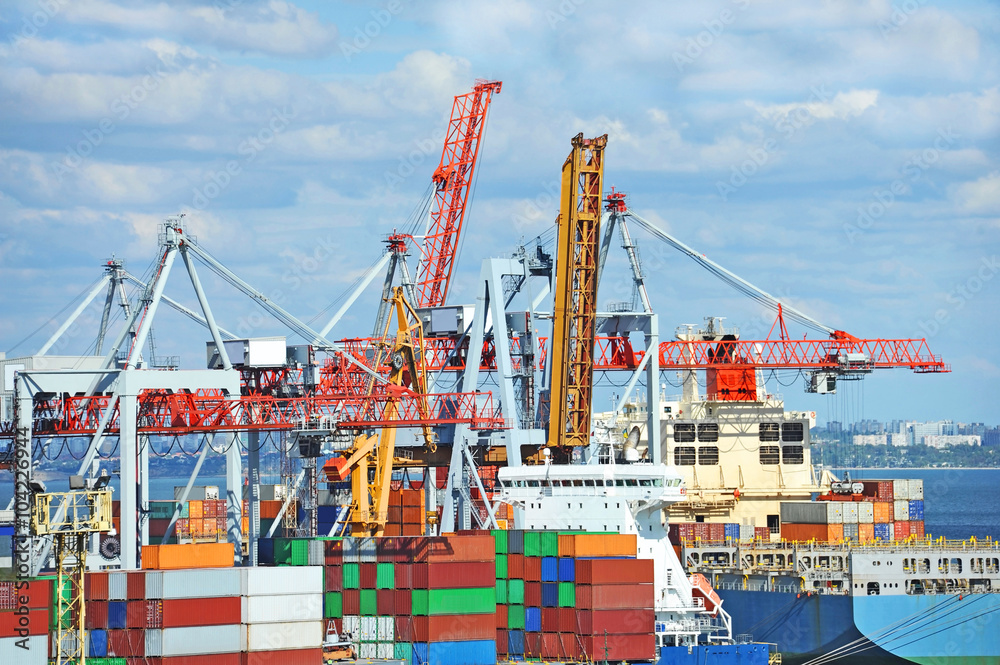 Fototapeta premium Cargo crane and container ship