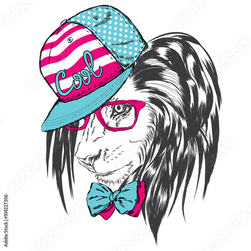 Fototapeta Naklejka Na Ścianę i Meble -  Lion vector . Vector predator. Leo clothing. Hipster. Poster . Print . Greeting card with animals. Lion in cap and glasses. Hip-hop. USA. America.