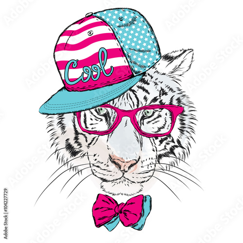 Fototapeta Naklejka Na Ścianę i Meble -  Vector tiger wearing glasses and a cap. Hipster. Greeting card with a tiger. Rap. Hip-hop.