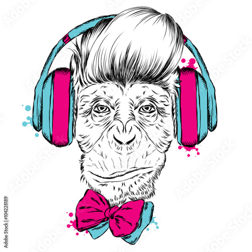 Monkey with headphones. Monkey vector. Hipster.