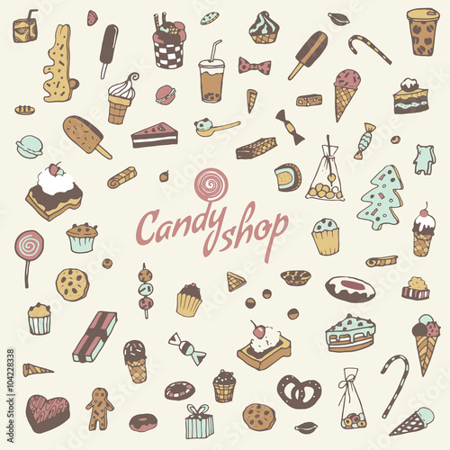 Hand drawn sweets, candy, cakes.