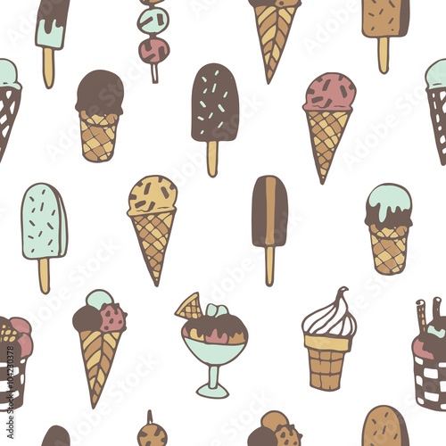 Hand drawn ice cream seamless pattern on  background.