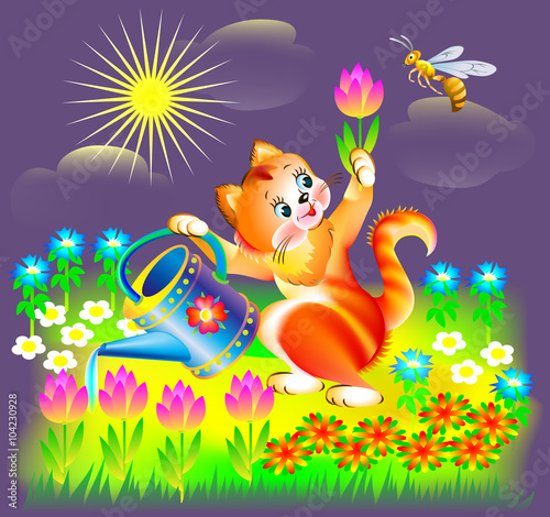 Illustration of little kitten watering spring flowers, vector cartoon image.
