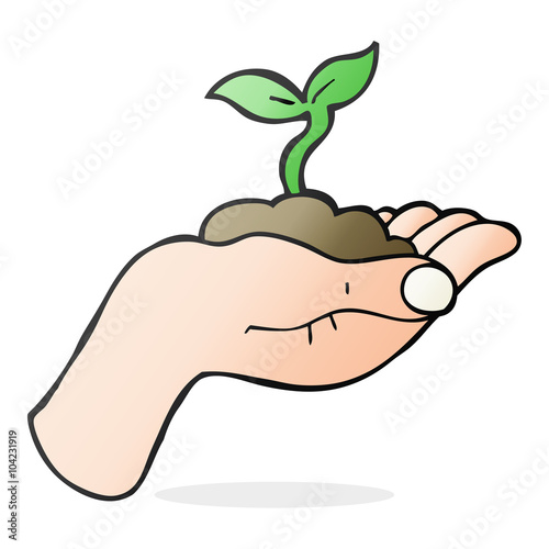 cartoon seedling growing held in hand