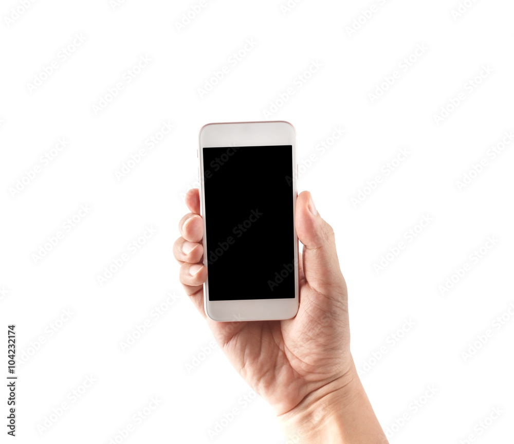 Hand holding phone isolated with clipping path inside Hand holding phone isolated with clipping path inside