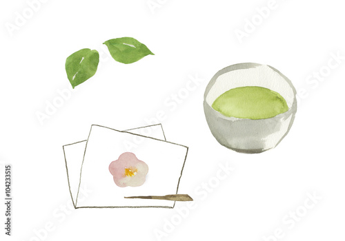Fotografie 抹茶と和菓子のセットを水彩で描いた、茶道のイメージ